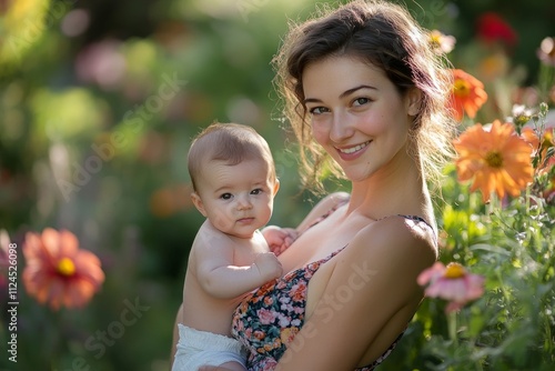 Slim beautiful young woman holding her baby, wearing a floral dress, smiling warmly, half-body portrait, outdoor garden setting with vibrant flowers, Mother's Day theme.  photo