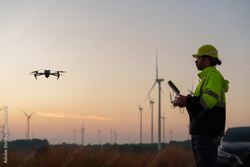 Team of engineers survey drone remotely and inspect high angle view of wind turbine field, win nature, industry and environmental concept, clean energy Team of engineers survey drone remotely and inspect high angle view of wind turbine field, win nature, industry and environmental concept, clean energy