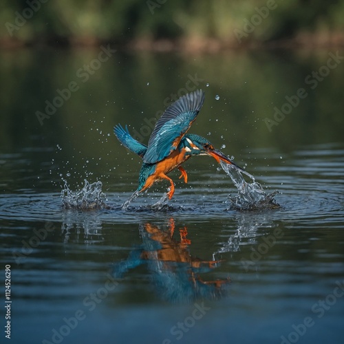 A kingfisher diving into a still, reflective lake. photo