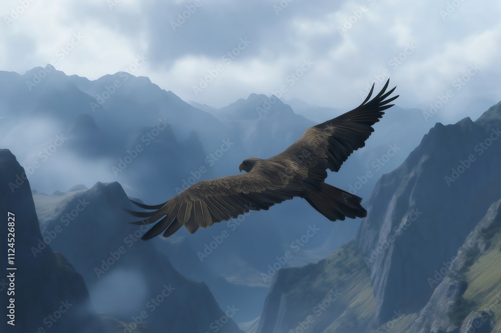 Fototapeta premium Powerful eagle flying over mountain range, demonstrating freedom and strength in nature's splendor