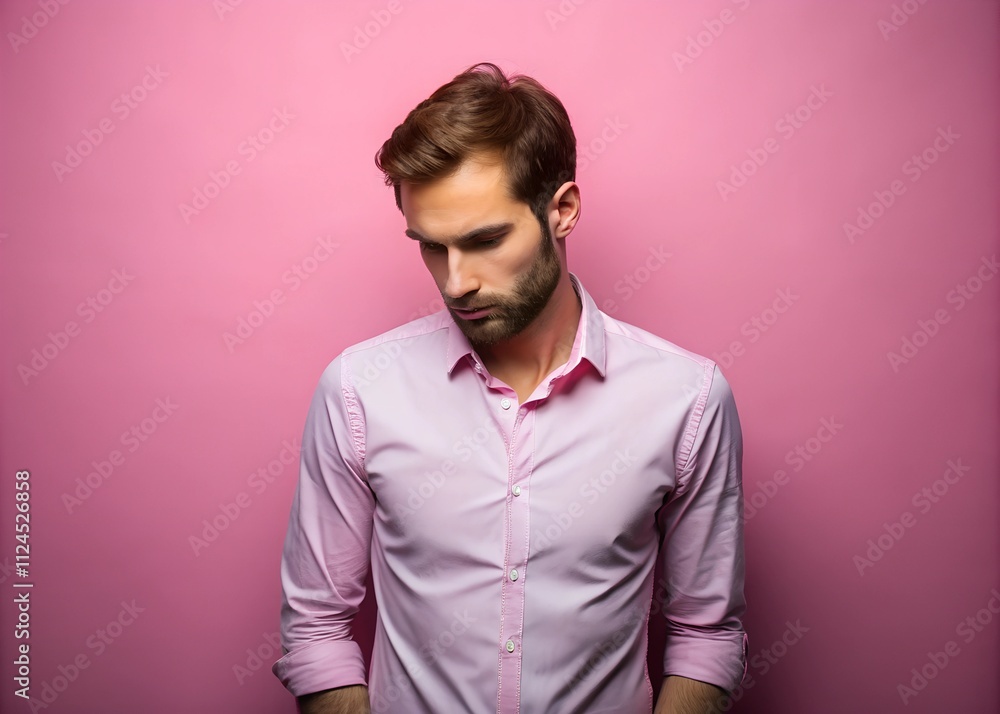 Fototapeta premium Caucasian man standing over pink background depressed