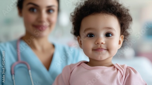 Happy baby girl with a doctor in a clinic.