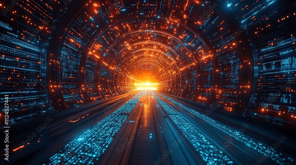 Futuristic Digital Tunnel with Glowing Lights and Abstract Patterns Emitting Energy in a High-Tech Sci-Fi Environment for Innovative Concepts Futuristic Digital Tunnel with Glowing Lights and Abstract Patterns Emitting Energy in a High-Tech Sci-Fi Environment for Innovative Concepts