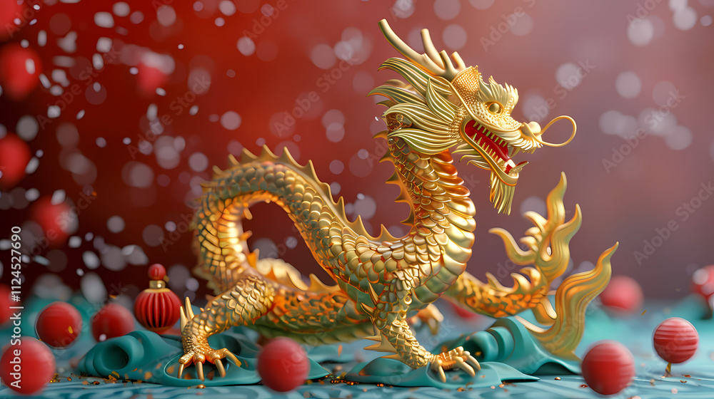 Obraz premium Golden Dragon of Prosperity: A majestic golden dragon figurine, symbol of good fortune and prosperity, sits amidst red and gold decor, evoking a sense of celebration and tradition.