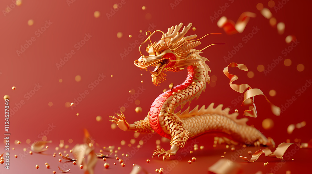 Obraz premium Golden Dragon in Red: A 3D render of a majestic golden dragon with intricate scales against a vibrant red background. The dragon is depicted with an air of power and grace.