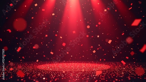Red confetti rain on festive stage with light beam in the middle mockup with copy space for ceremony