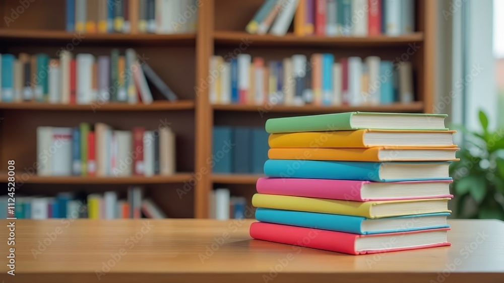 Colorful stack of books on wooden table in modern library Colorful stack of books on wooden table in modern library