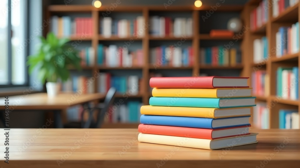 Colorful stack of books on wooden table in modern library Colorful stack of books on wooden table in modern library
