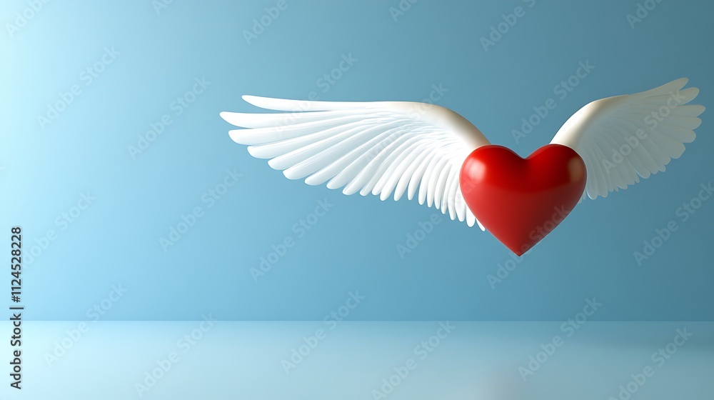 A Red Heart Soaring With White Wings Against A Blue Background A Red Heart Soaring With White Wings Against A Blue Background