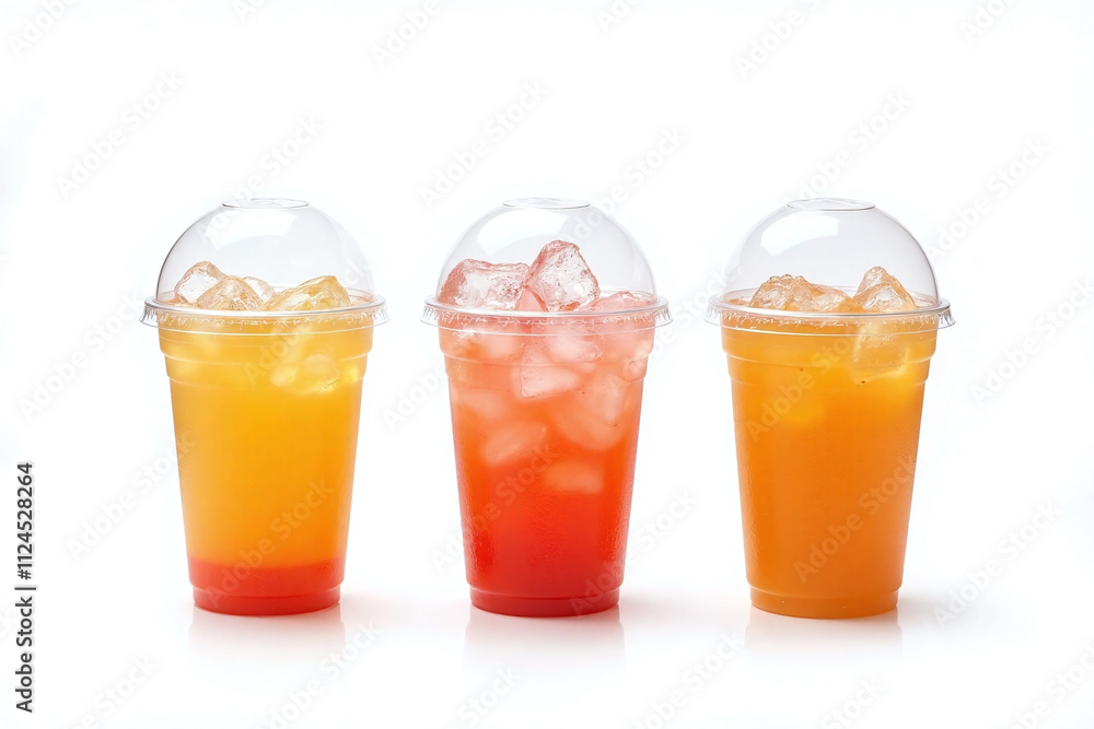 Three ice-filled drinks clear plastic cups side by side white background Three ice-filled drinks clear plastic cups side by side white background