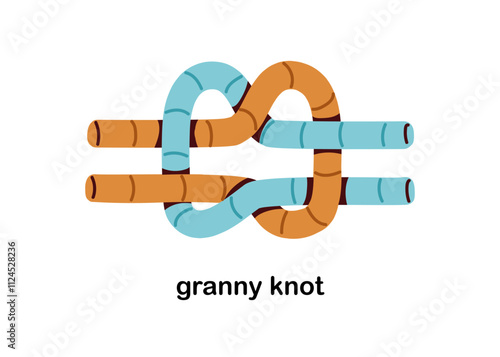 Granny knot, rope tying. Double string connection, Two cords connected, secure binding. Entwined cables, laces, wires for safety, security. Flat vector illustration isolated on white background
