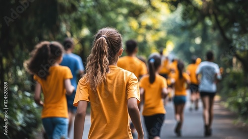 Children in yellow shirts jogging on a path in a park.