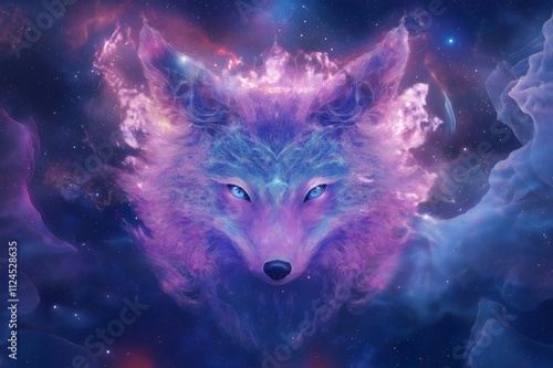 Fantasy art featuring a majestic fox with glowing fur, emanating from a cosmic nebula against a backdrop of stars, creating a mesmerizing and ethereal scene photo