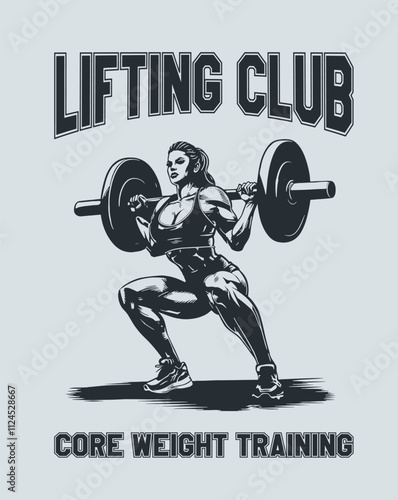 Woman with a barbell in a squat position, featured in a vector illustration with bold lettering 'Lifting Club' and 'Core Weight Training.' Designed as a t-shirt print, this monochromatic artwork highl