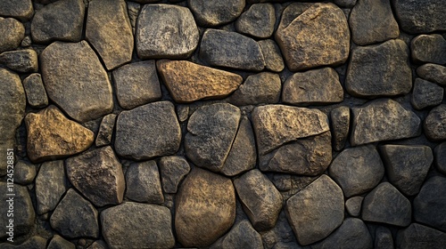 A textured stone wall of dark and light brown rocks