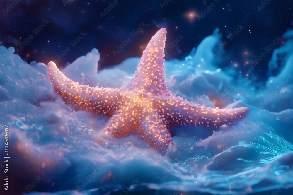 Pink starfish with glowing particles, floating on swirling blue waters under a starry night sky, creating a magical and dreamy atmosphere Pink starfish with glowing particles, floating on swirling blue waters under a starry night sky, creating a magical and dreamy atmosphere