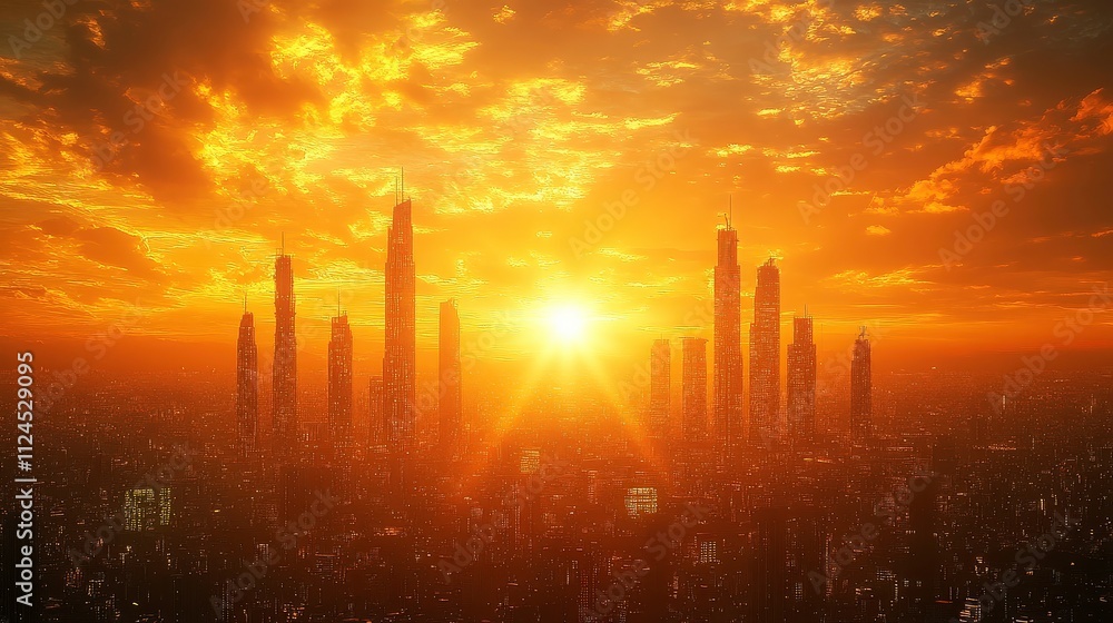Stunning Sunset Over Urban Skyline with Tall Skyscrapers and Vibrant Colors Lighting the Horizon in a Modern Cityscape Environment Stunning Sunset Over Urban Skyline with Tall Skyscrapers and Vibrant Colors Lighting the Horizon in a Modern Cityscape Environment