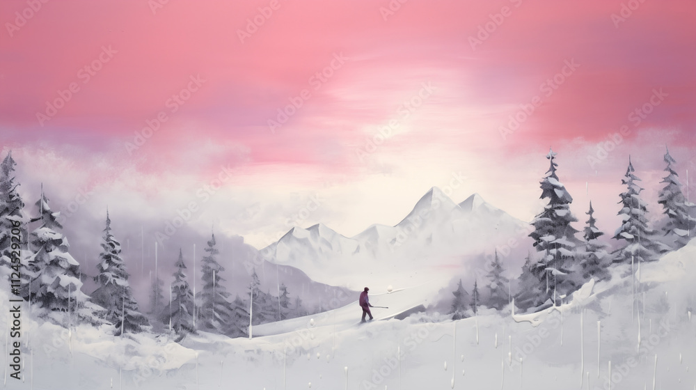 Serene winter landscape featuring a skier under a pastel pink sky at sunset Serene winter landscape featuring a skier under a pastel pink sky at sunset