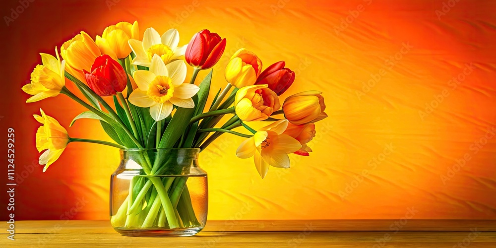 Sunlit daffodil tulips in a glass jar, shallow depth of field, vibrant yellow backdrop. Sunlit daffodil tulips in a glass jar, shallow depth of field, vibrant yellow backdrop.