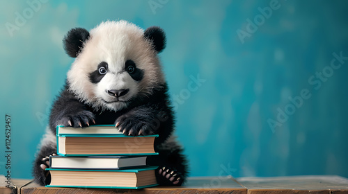 Panda Cub's Book Nook: An adorable panda cub sits attentively on a stack of books against a teal backdrop.  A charming image perfect for education, conservation, or children's themes.  photo