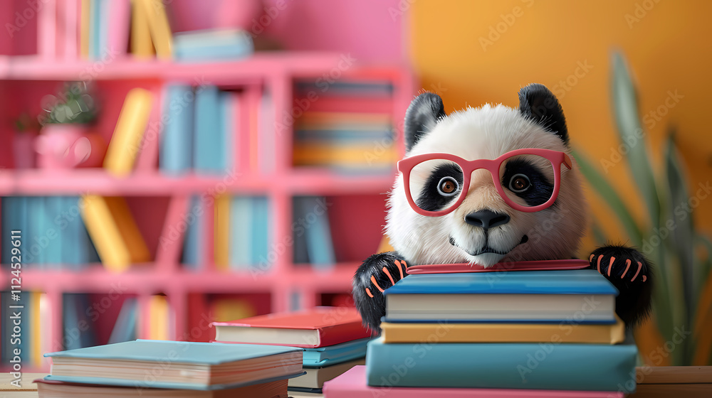 Panda in Glasses: A playful panda with pink-rimmed glasses gazes curiously from behind a stack of colorful books, surrounded by a vibrant library setting. Panda in Glasses: A playful panda with pink-rimmed glasses gazes curiously from behind a stack of colorful books, surrounded by a vibrant library setting.