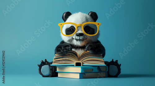 Panda Power: A cute and cuddly panda bear dons trendy yellow spectacles, engrossed in a book, sitting on a stack of books against a vibrant blue background.