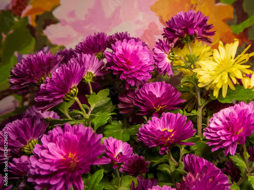 Vibrant Purple And Yellow Flowers Against A Colorful Abstract Background