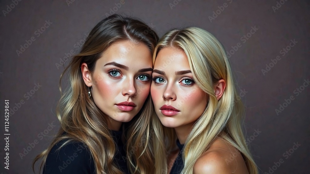two women with different hair colors looking at the camera together two women with different hair colors looking at the camera together
