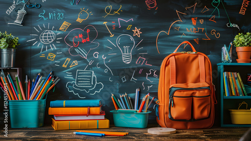 Back to School: A vibrant orange backpack sits on a wooden desk, ready for the first day of school. Colorful pencils, a stack of books.