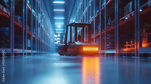 Forklift doing storage in the warehouse. Robotics applied to industrial logistics photo