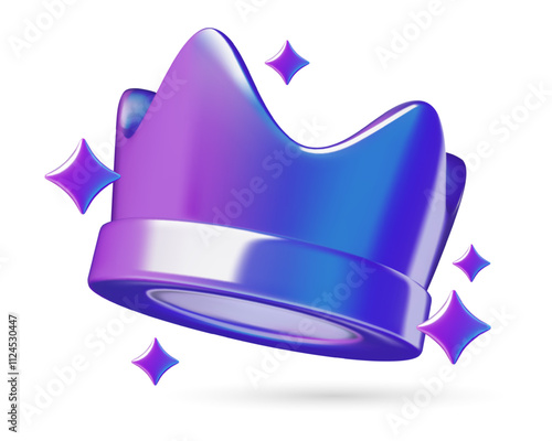 Purple crown 3d icon with stars. Chrome metallic winner award concept three dimensional realistic vector illustration isolated on white background.