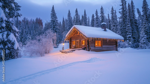  snow-covered landscape  a cozy log cabin house