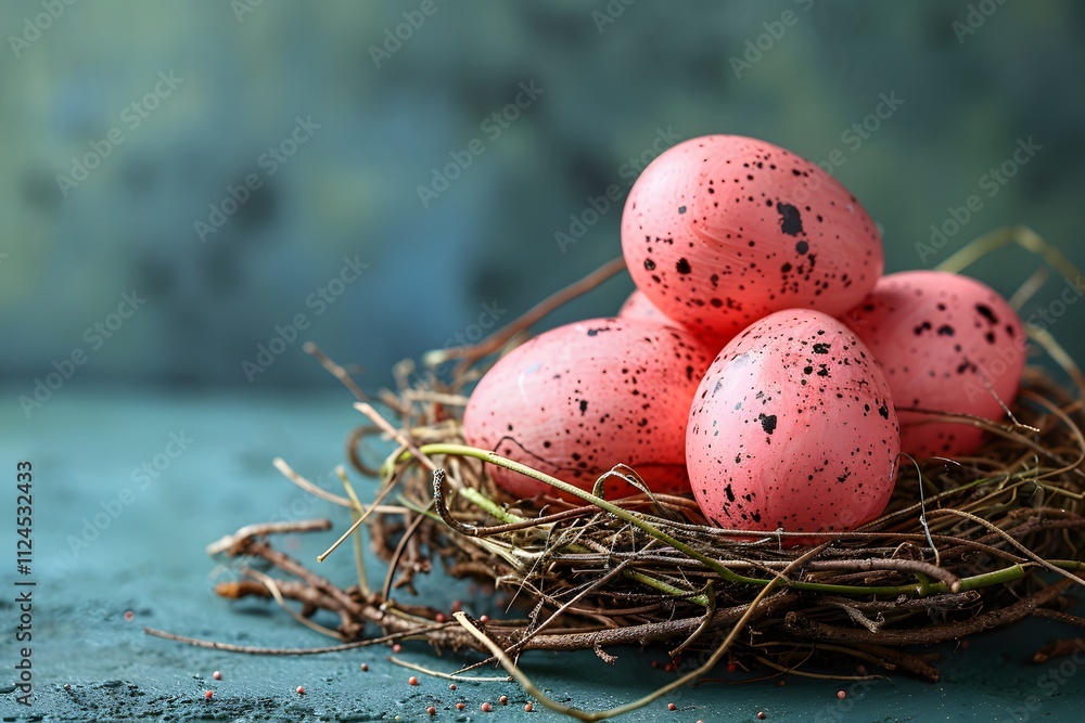 Pink Speckled Easter Eggs in Nest on Rustic Background for Holiday Decor and Designs Pink Speckled Easter Eggs in Nest on Rustic Background for Holiday Decor and Designs