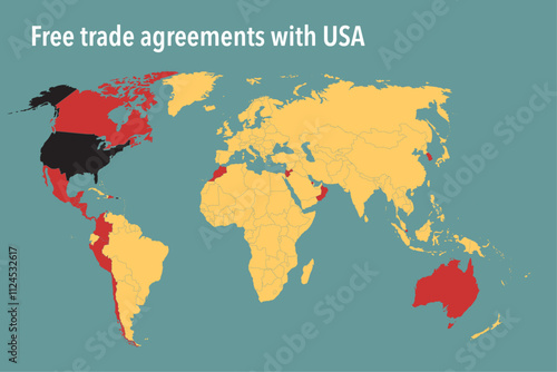 World Map of Countries with Free Trade Agreements (FTAs) with the United States - Vector Illustration