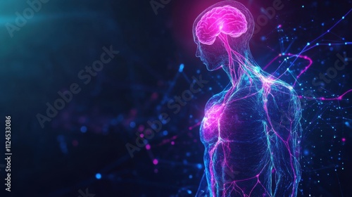 An abstract image of a human lymphatic system with glowing nodes and flowing lines representing lymphatic fluid against a dark background, Neon style, photo of