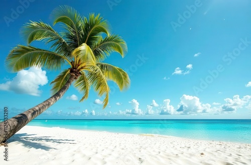 Fototapeta Naklejka Na Ścianę i Meble -  Tropical beach landscape with palm trees and crystal clear sea water