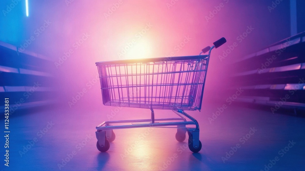 Empty Shopping Cart on Smooth Floor Surrounded by Colorful Lights and Fog in an Ambient Supermarket Aisle Capturing a Futuristic Shopping Experience Empty Shopping Cart on Smooth Floor Surrounded by Colorful Lights and Fog in an Ambient Supermarket Aisle Capturing a Futuristic Shopping Experience