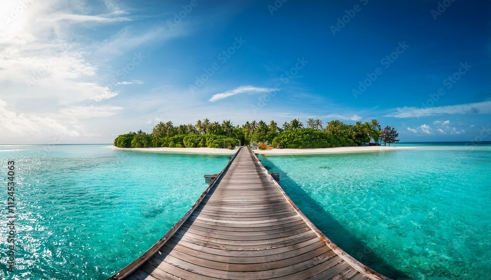 A scenic wooden pier stretching over turquoise waters to a paradise island in the Maldives, perfect for travel promotions and tropical lifestyle visuals A scenic wooden pier stretching over turquoise waters to a paradise island in the Maldives, perfect for travel promotions and tropical lifestyle visuals
