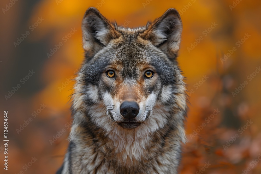 Fototapeta premium Majestic Wolf in Autumn Forest with Vibrant Fall Foliage