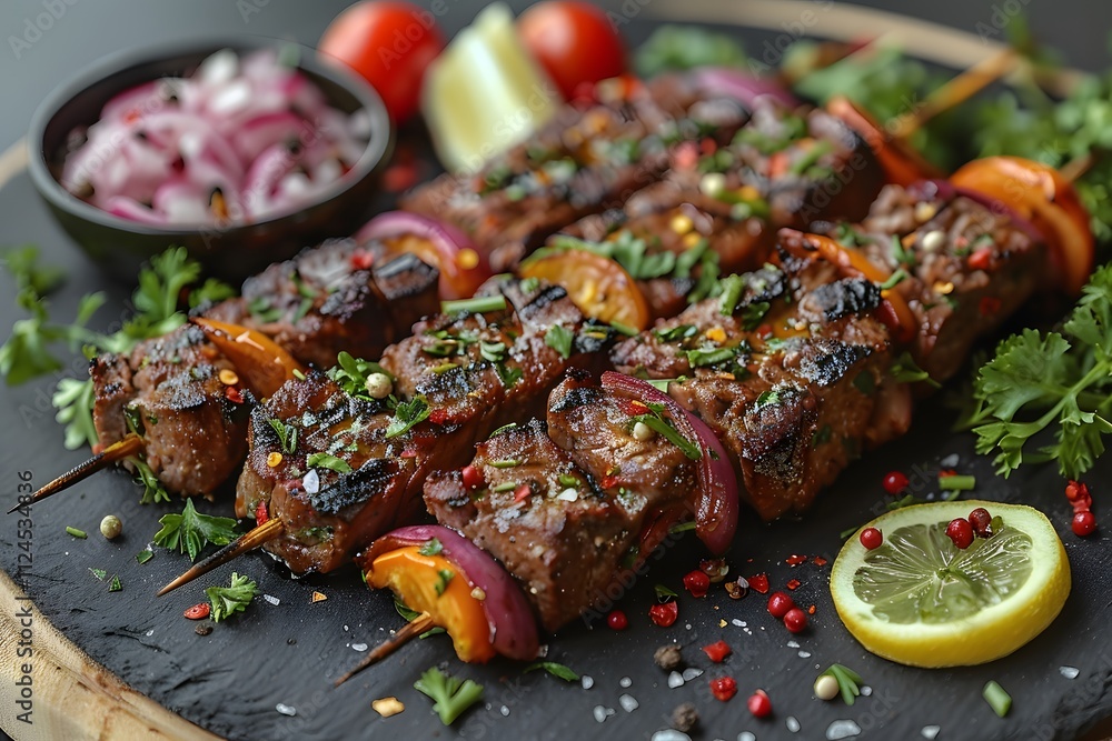 Grilled Beef Kebabs with Vegetables and Herbs on Slate Platter for Gourmet Dining Grilled Beef Kebabs with Vegetables and Herbs on Slate Platter for Gourmet Dining
