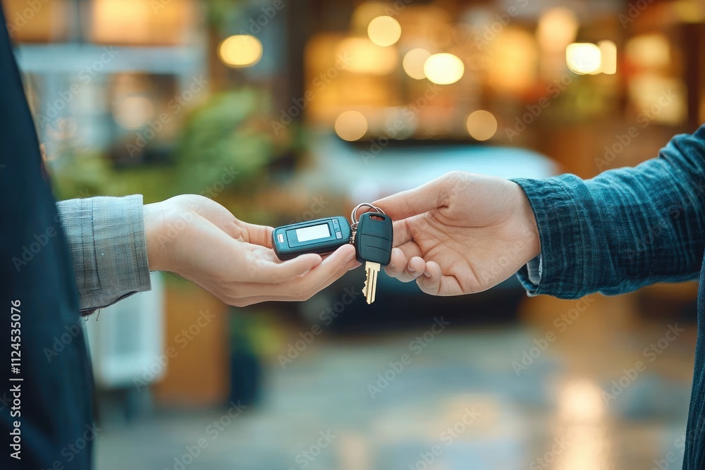Woman Exchanging Car Keys Outside in Soft Natural Light Woman Exchanging Car Keys Outside in Soft Natural Light