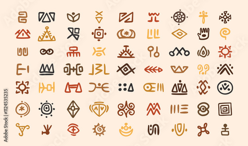 African tribal symbols Abstract geometric shapes doodle decoration set. Ethnic boho elements collection. Colorful mayan hand drawn design. 