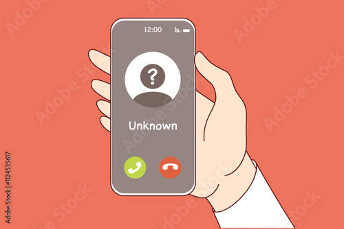 Call from unknown caller on phone screen in person hand, for spam or unsolicited advertising concept. Call from unknown scammer who wants to help with money or deceive victim through smartphone
