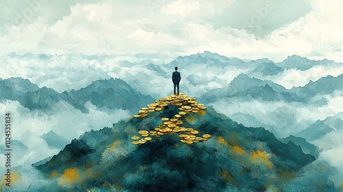 Businessman Overlooking Mountain of Wealth and Investment Opportunities