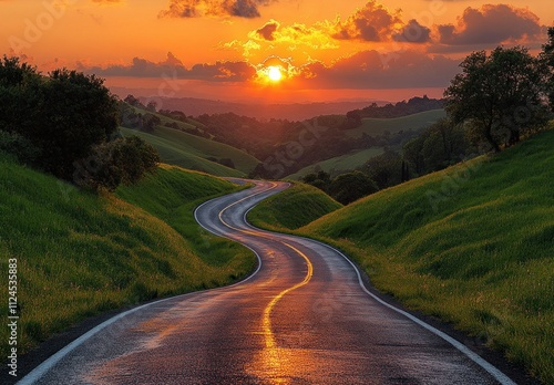 Fototapeta Naklejka Na Ścianę i Meble -  asphalt road sunset landscape rolling hills winding highway detail nature outdoor travel scenery