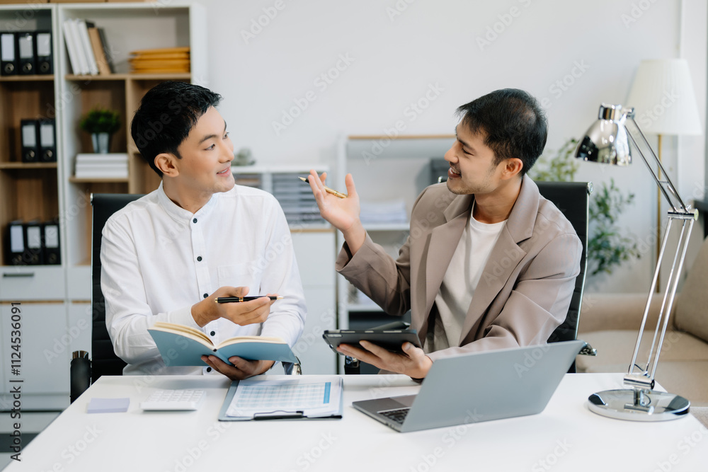 Kind leader executive manager share and discuss business solutions plan ideas on tablet Kind leader executive manager share and discuss business solutions plan ideas on tablet
