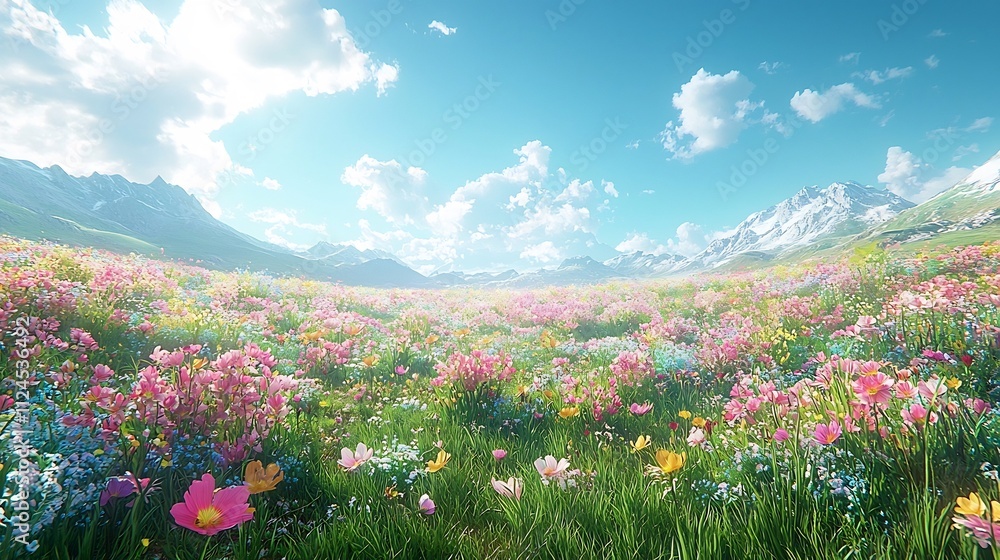 Obraz premium Vibrant Wildflower Field under Bright Blue Sky Serene Nature Landscape in Full Bloom