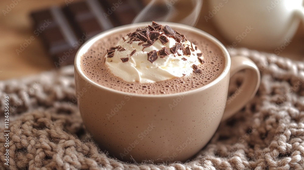 A cozy cup of hot chocolate topped with whipped cream and chocolate shavings. A cozy cup of hot chocolate topped with whipped cream and chocolate shavings.