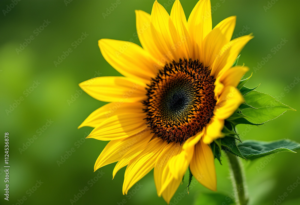 A bright yellow sunflower with a dark center, against a blurred green background A bright yellow sunflower with a dark center, against a blurred green background