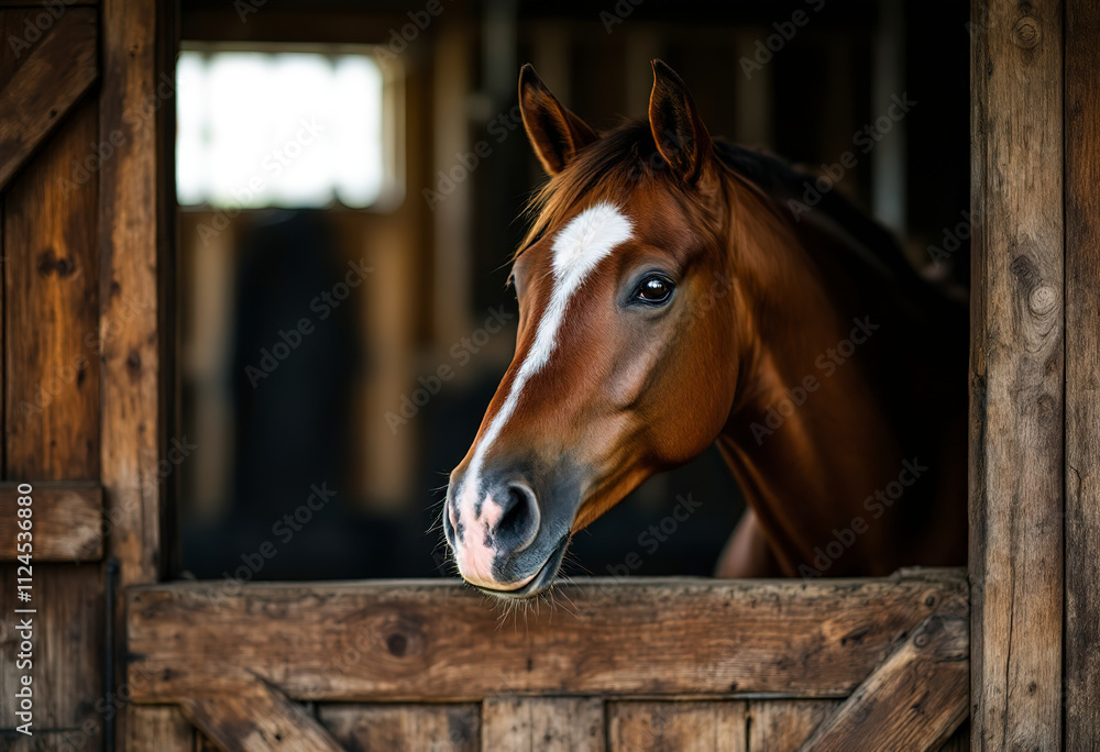 Fototapeta premium A brown horse with a white blaze on its face, standing in a wooden barn